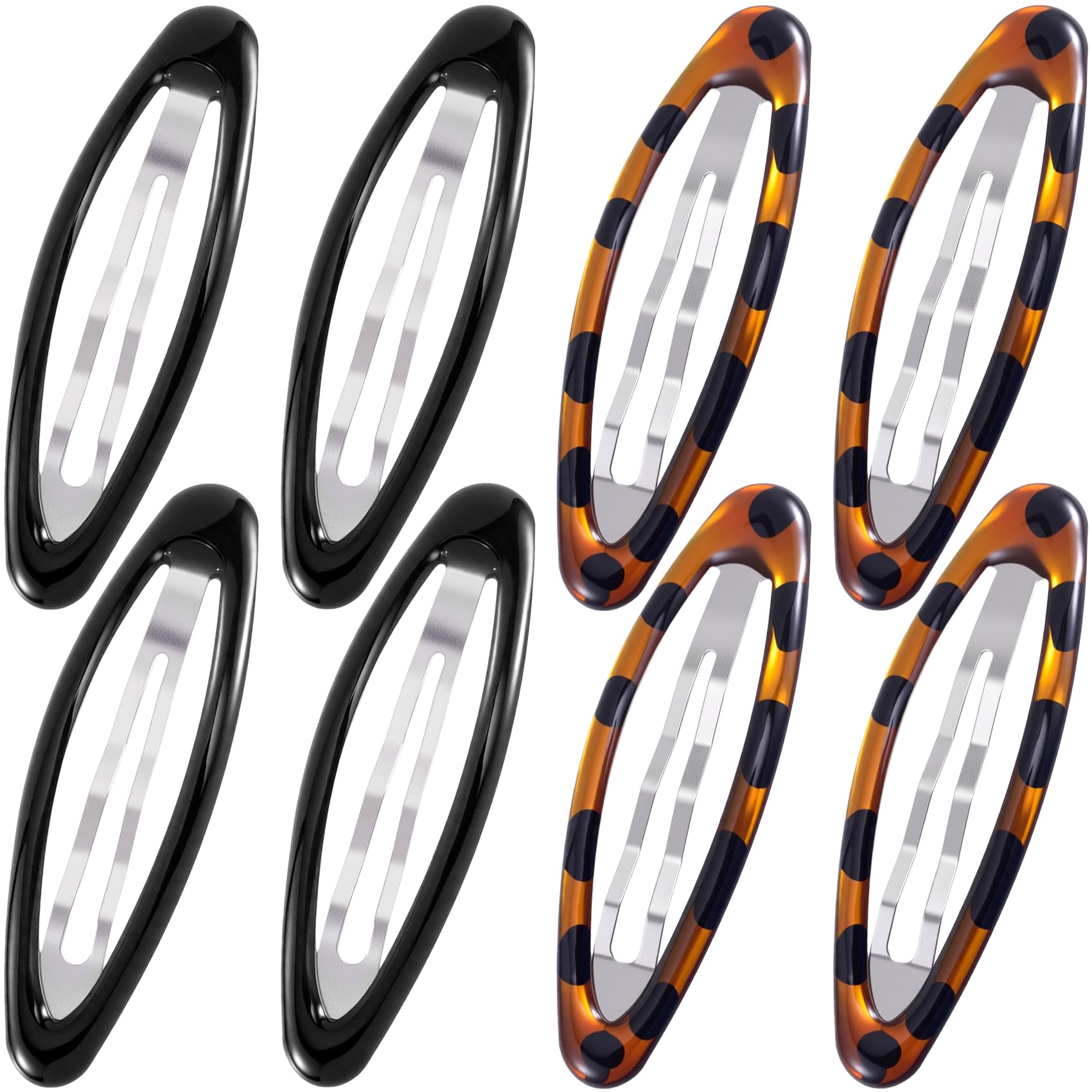 STSTR front view of eight black and tortoise snap barrettes showing set benefit
