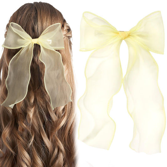 STSTR front view of yellow silk bow showing glossy finish and shape benefit: instant style
