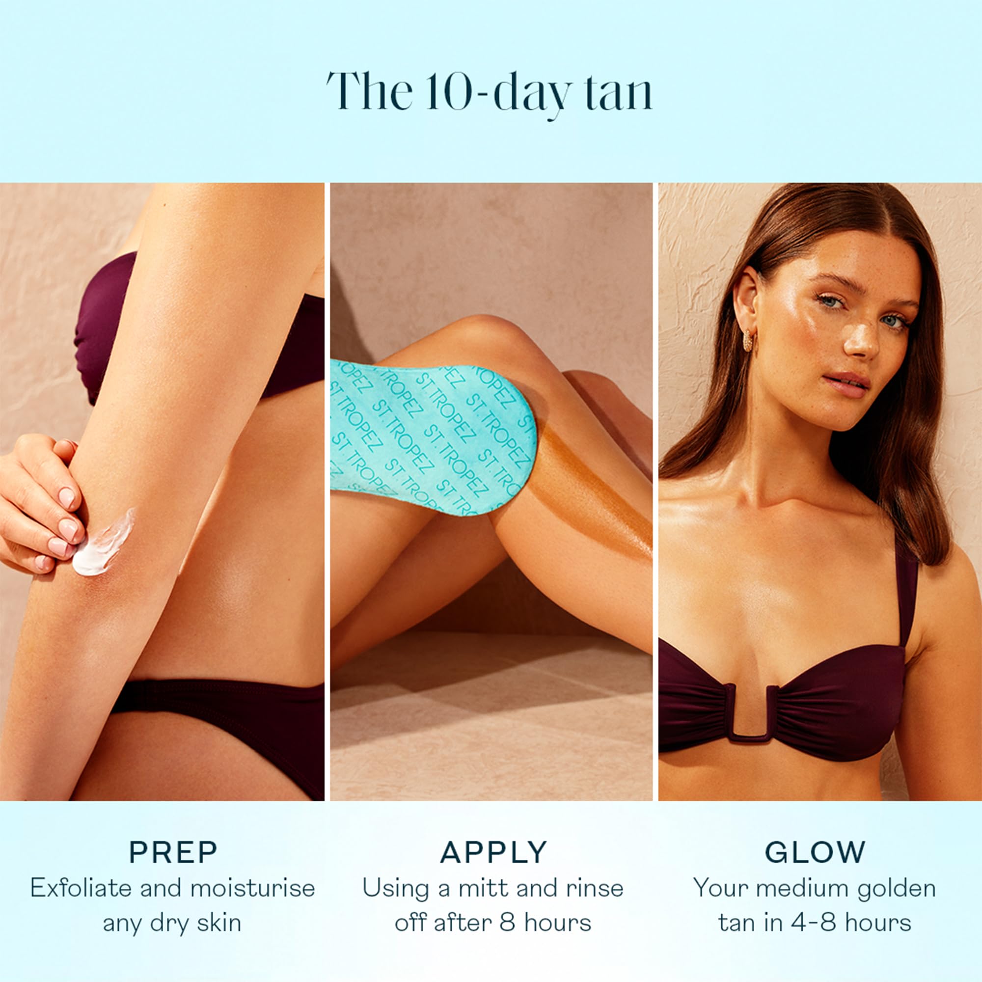 St.Tropez applying mousse with mitt demonstrating streak-free blending benefit
