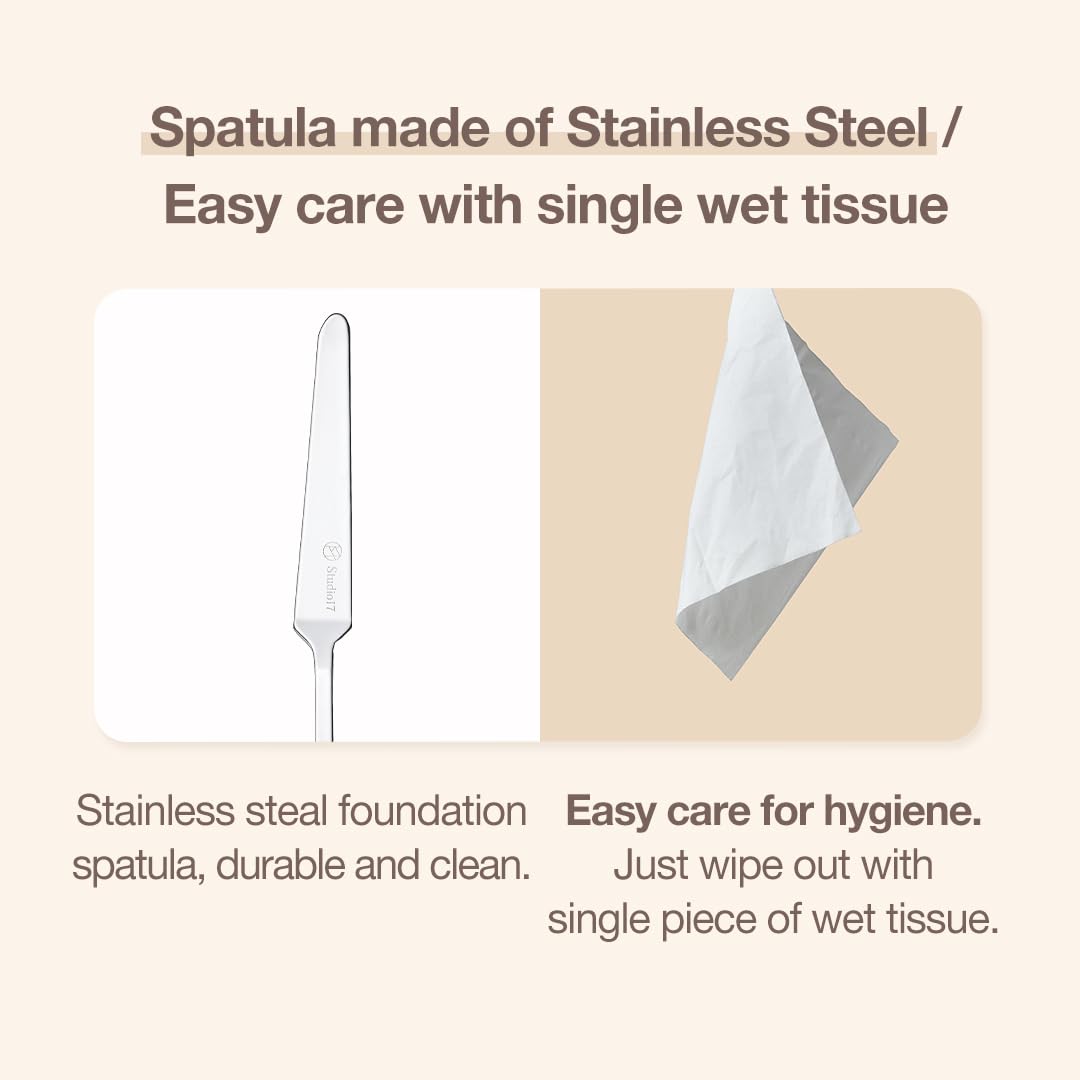 STUDIO17 spatula picking up liquid foundation on hand to control product amount and reduce waste