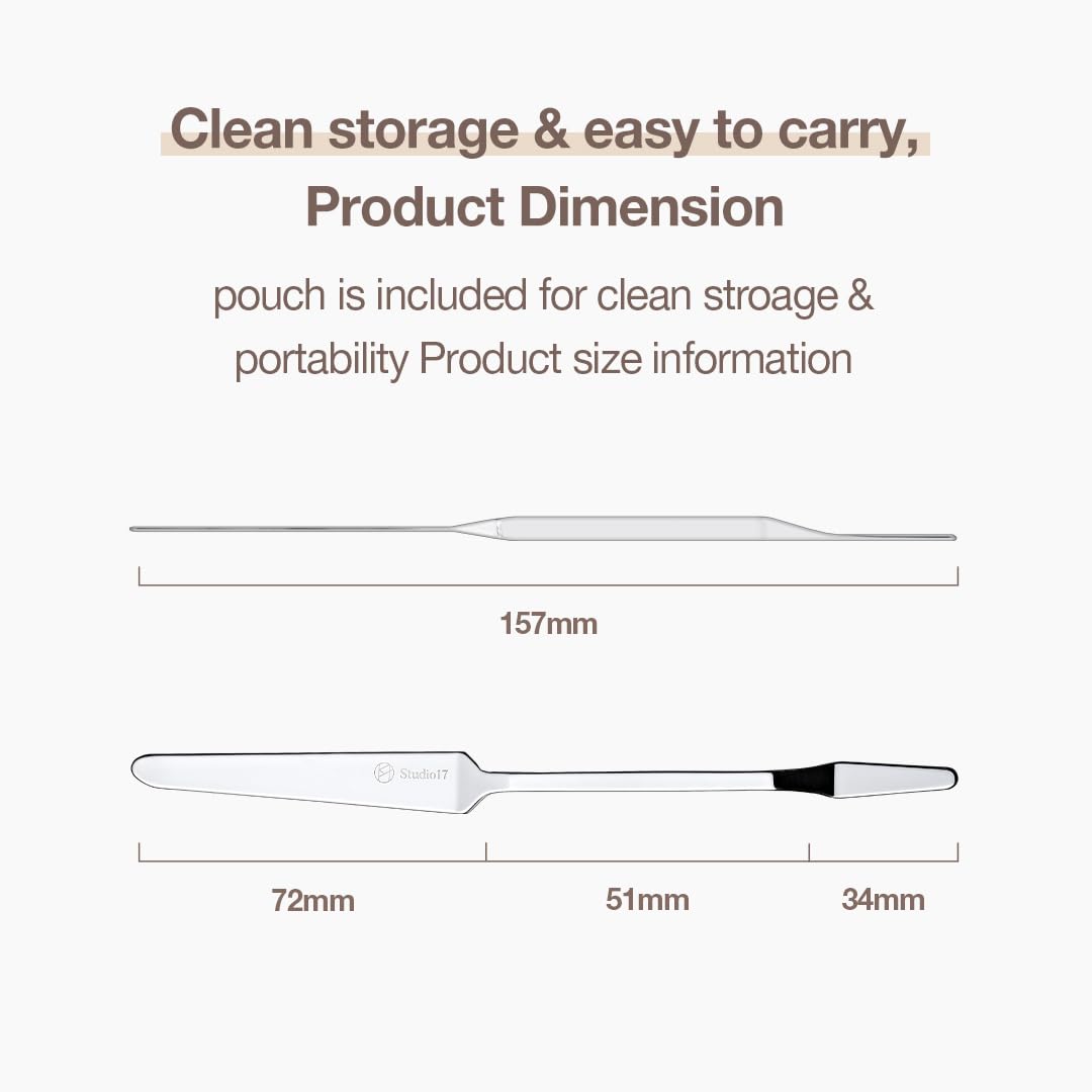 STUDIO17 spatula beside ruler showing compact size and portability for makeup kits