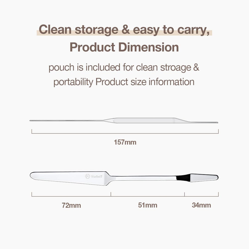 STUDIO17 spatula beside ruler showing compact size and portability for makeup kits