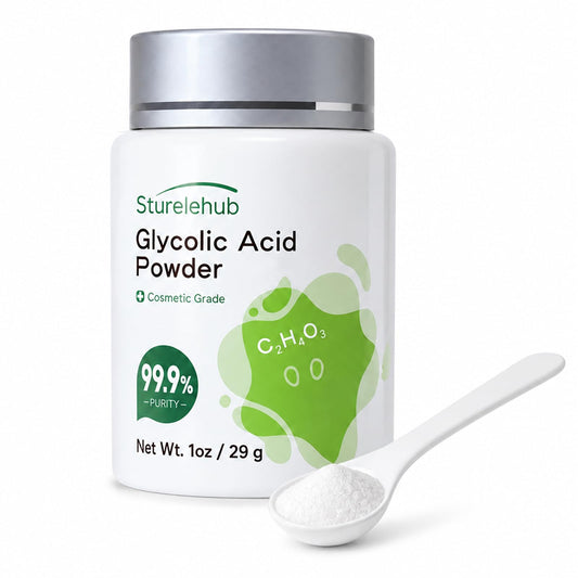 Sturelehub glycolic acid powder front packaging shows purity and size benefits