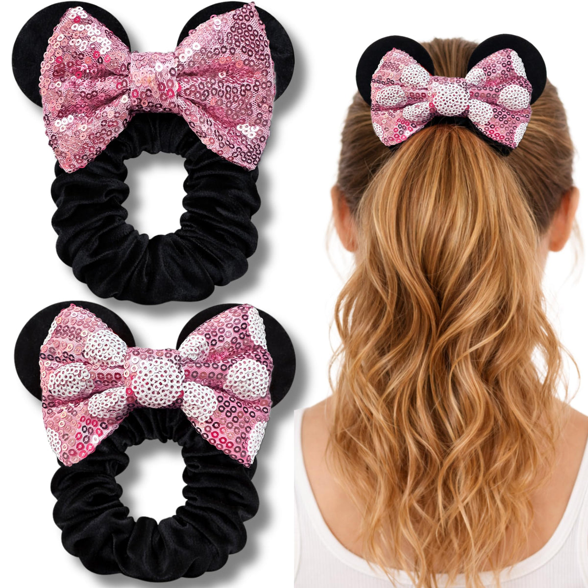 Styla Hair front pack showing two light pink mouse ear scrunchies and value pack benefit