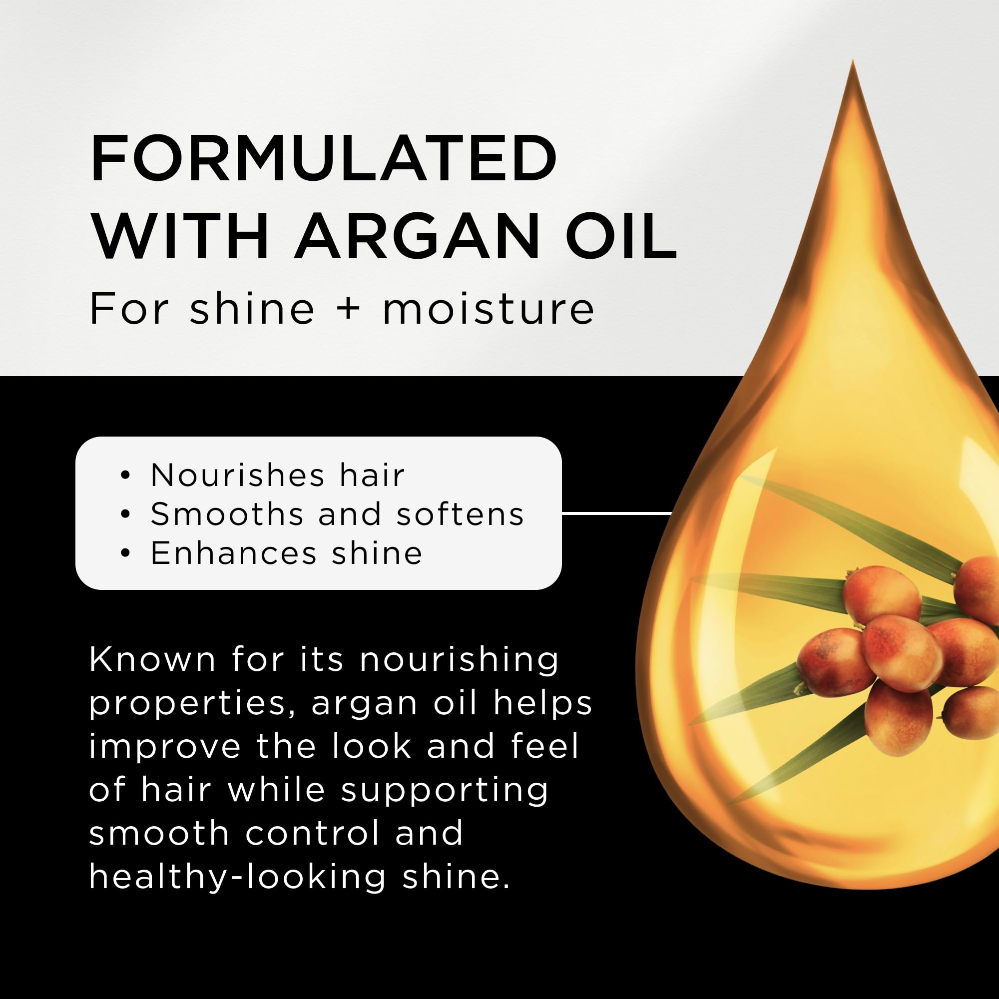 Style Factor with argan oil droplet highlighting nourishing ingredient benefits