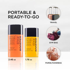 Style Factor Edge Booster used on a sleek ponytail to smooth frizz and boost long-lasting hold
