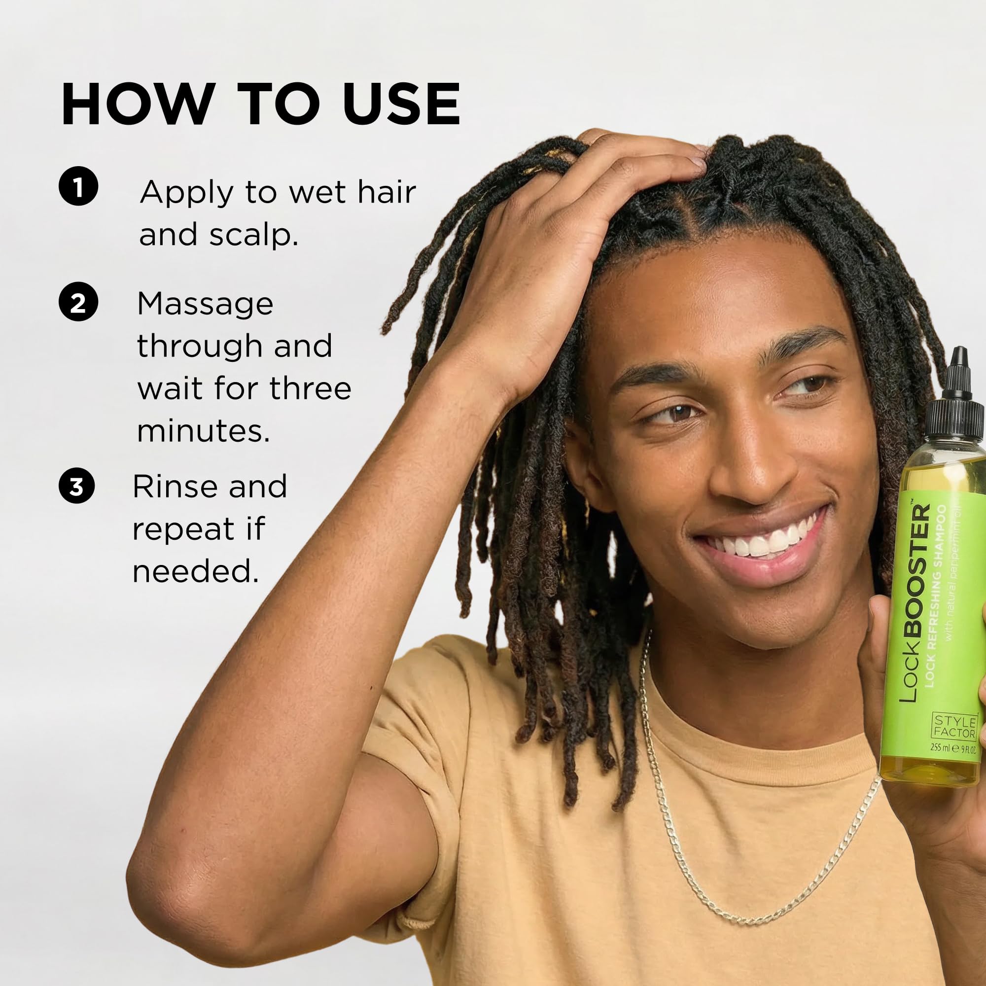 Style Factor product in use rinsing braids to remove buildup and refresh roots