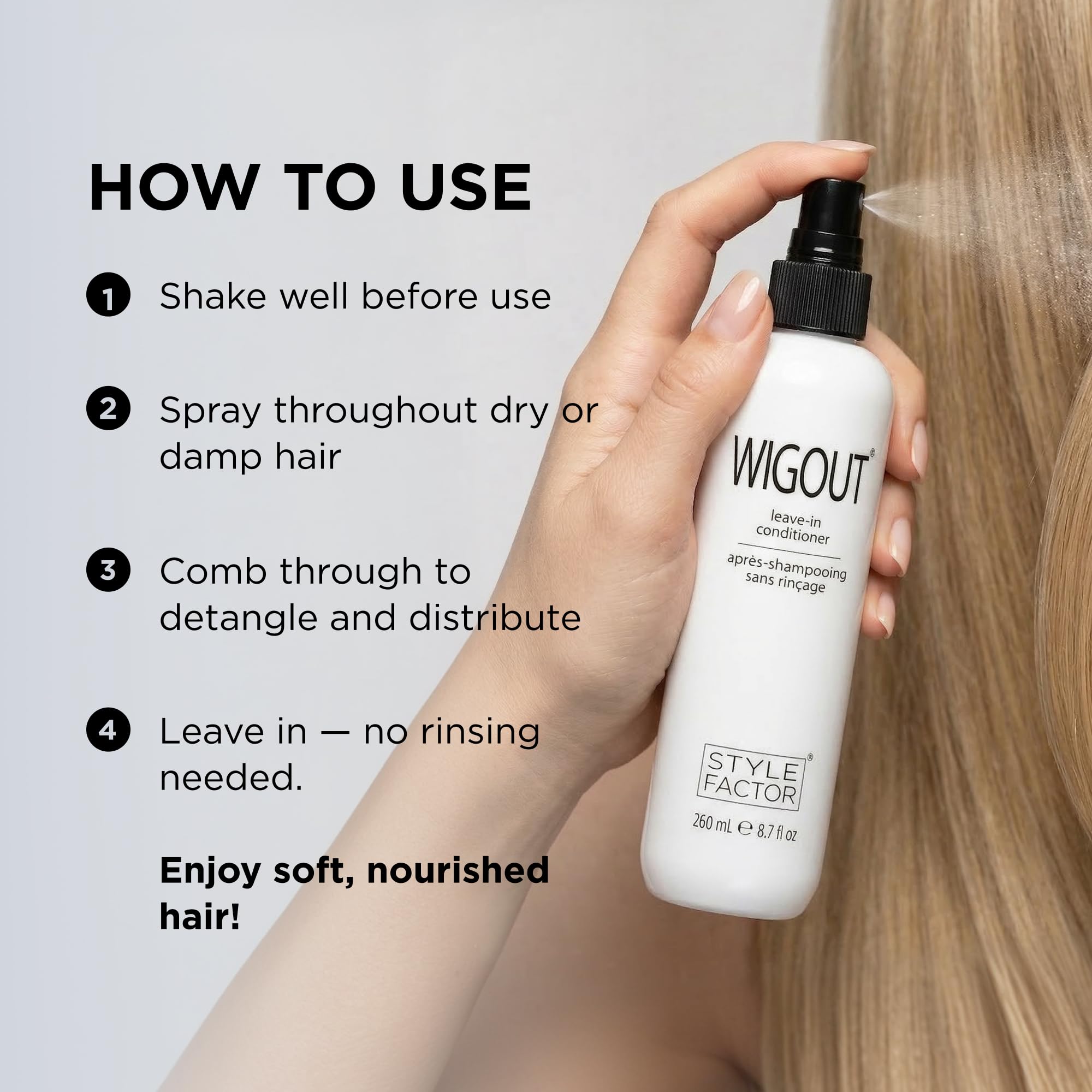 Style Factor WIGOUT applied on hair before and after to show reduced frizz