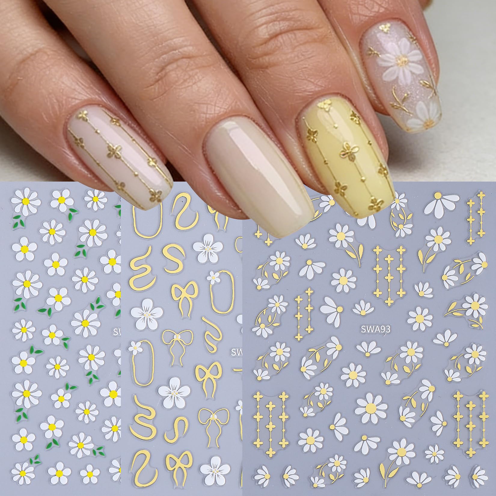 STZPRONAIL finished manicure with cherry blossom and daisy decals for elegant nails