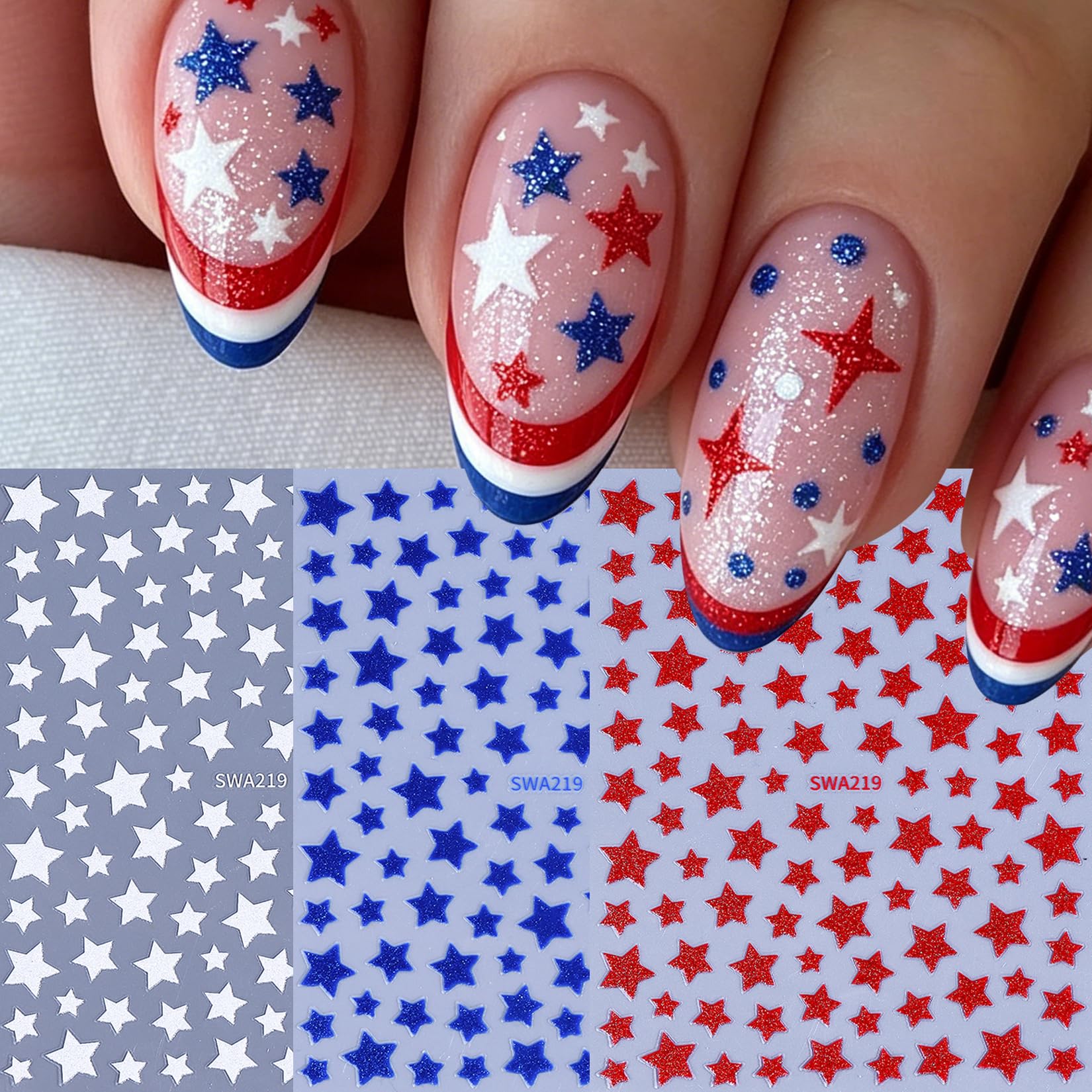 STZPRONAIL finished manicure with red white blue stars, festive polished look