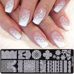 STZPRONAIL stamped French-tip nail showing precise lace detail and polish payoff