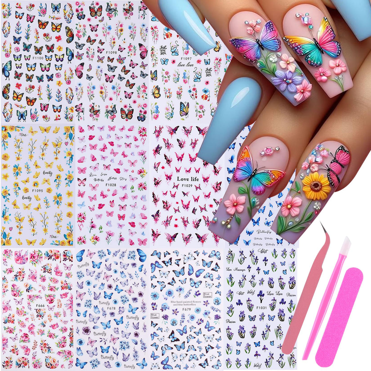 STZPRONAIL front packaging showing 14 butterfly sticker sheets and tools for easy sets