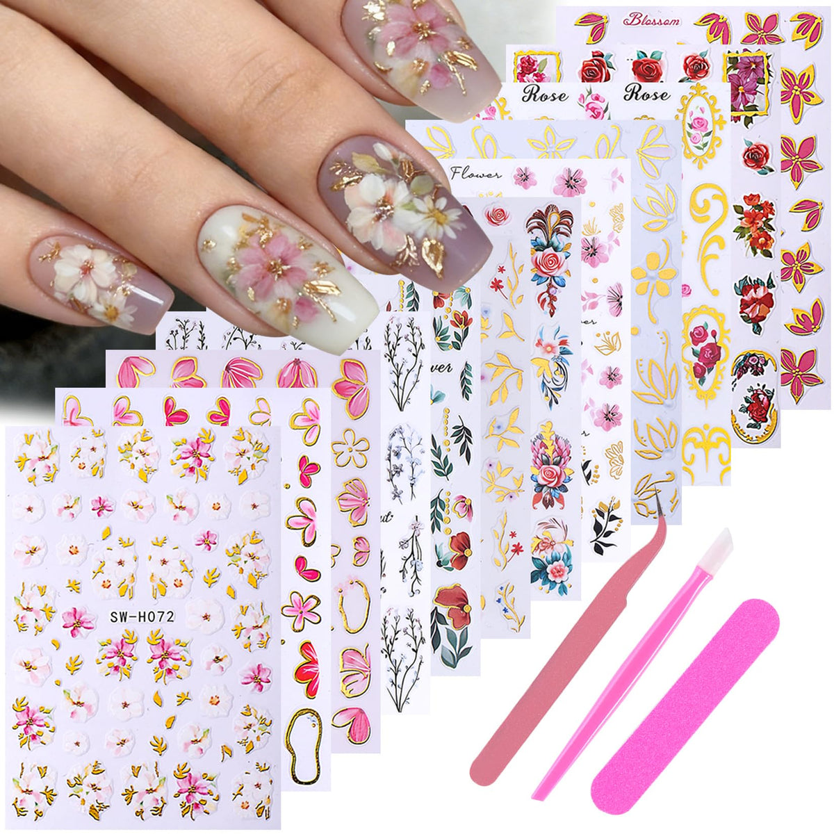STZPRONAIL front packaging showing complete floral nail sticker kit benefits