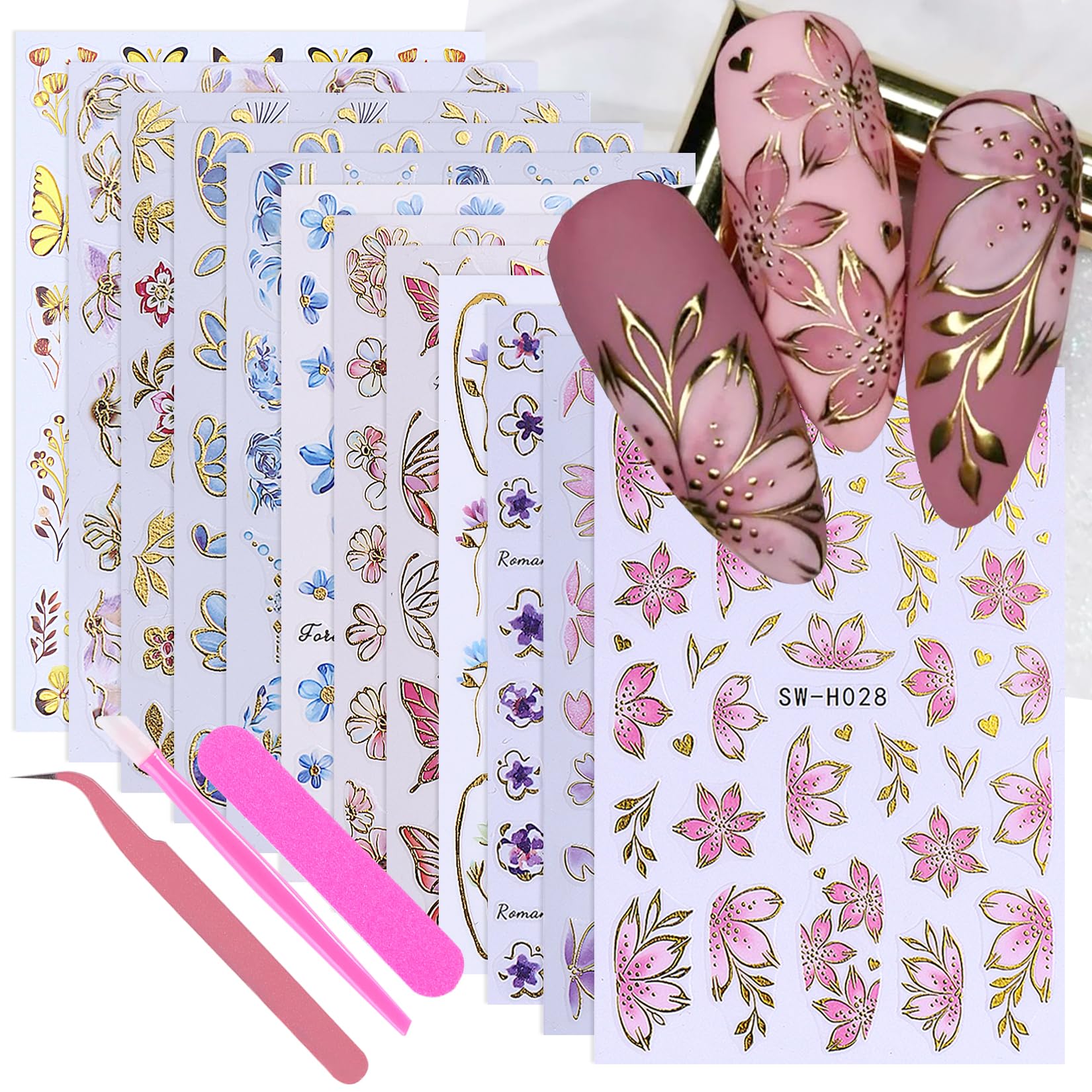 STZPRONAIL front packaging showing 12 floral sticker sheets and included tools for quick sets