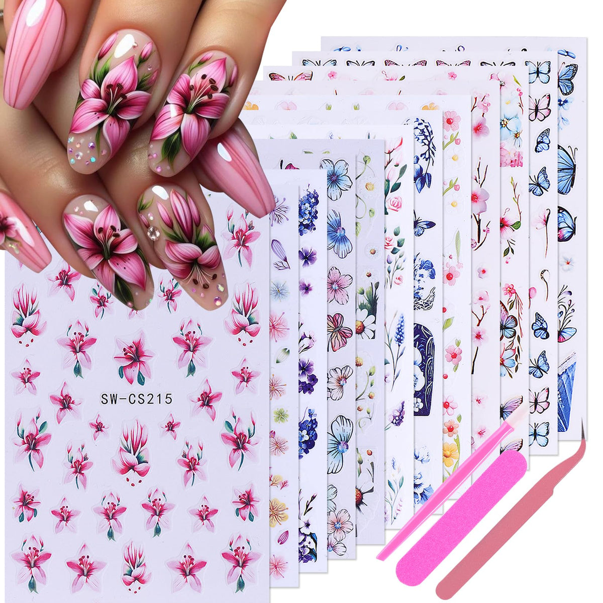 STZPRONAIL front packaging showing 12-sheet floral kit and included tools for fast styling