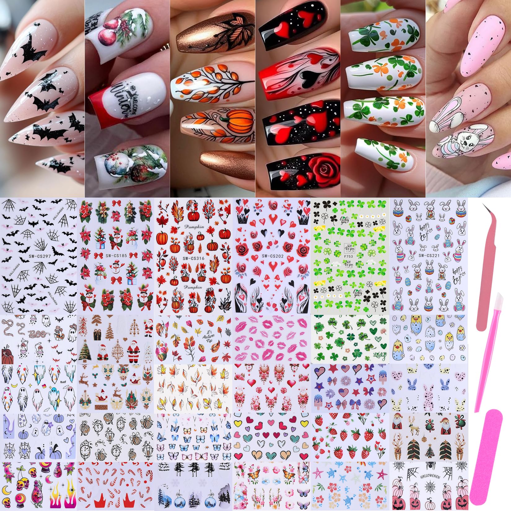 STZPRONAIL front packaging showing 30-sheet holiday sticker set and included tools