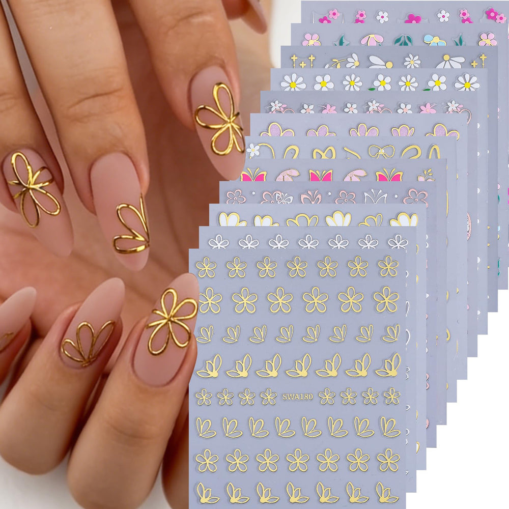 STZPRONAIL front pack showing 12 metallic floral sticker sheets for easy variety