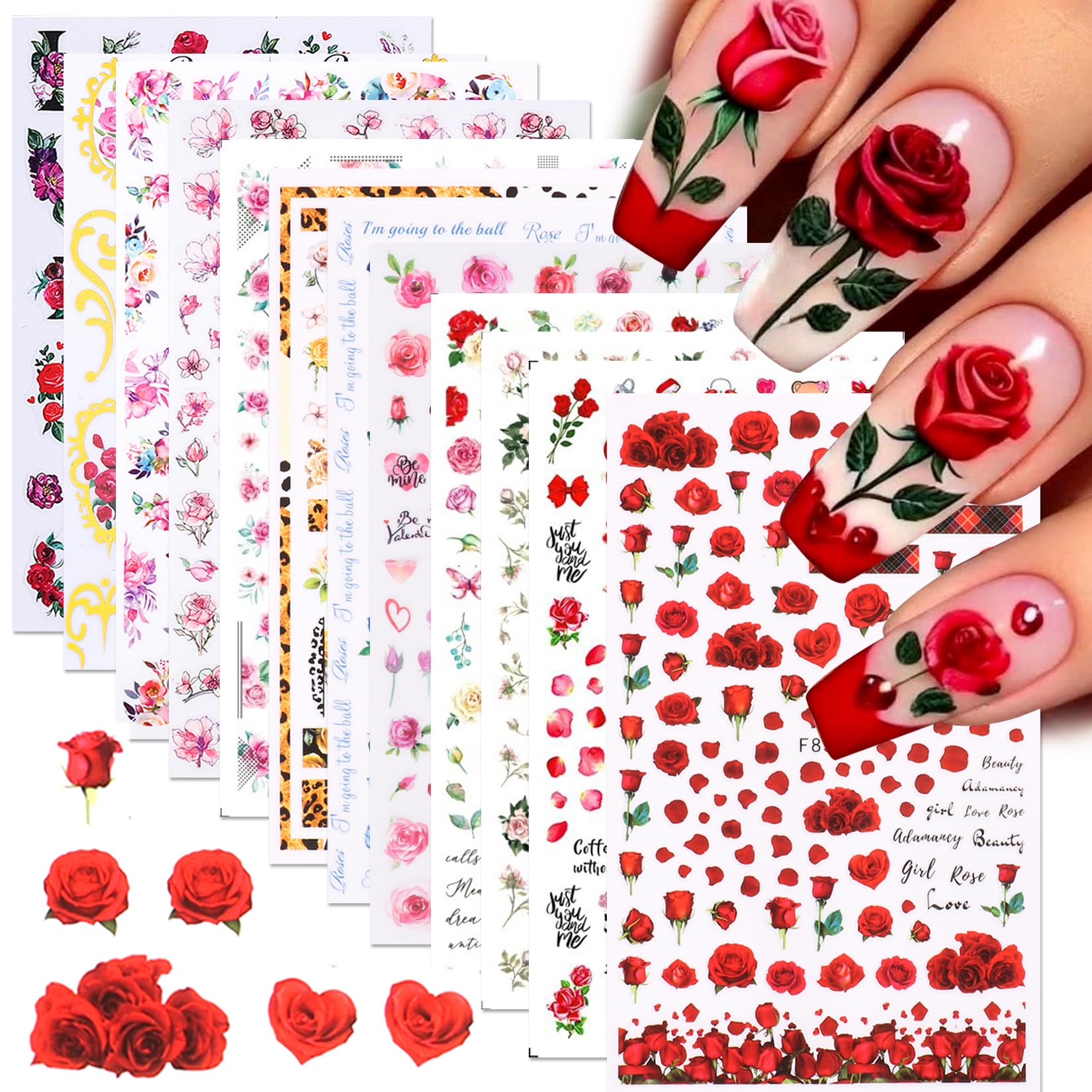STZPRONAIL front packaging showing 12 rose sticker sheets and kit benefits