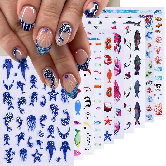 STZPRONAIL front packaging showing ten sticker sheets and vibrant ocean designs, easy selection