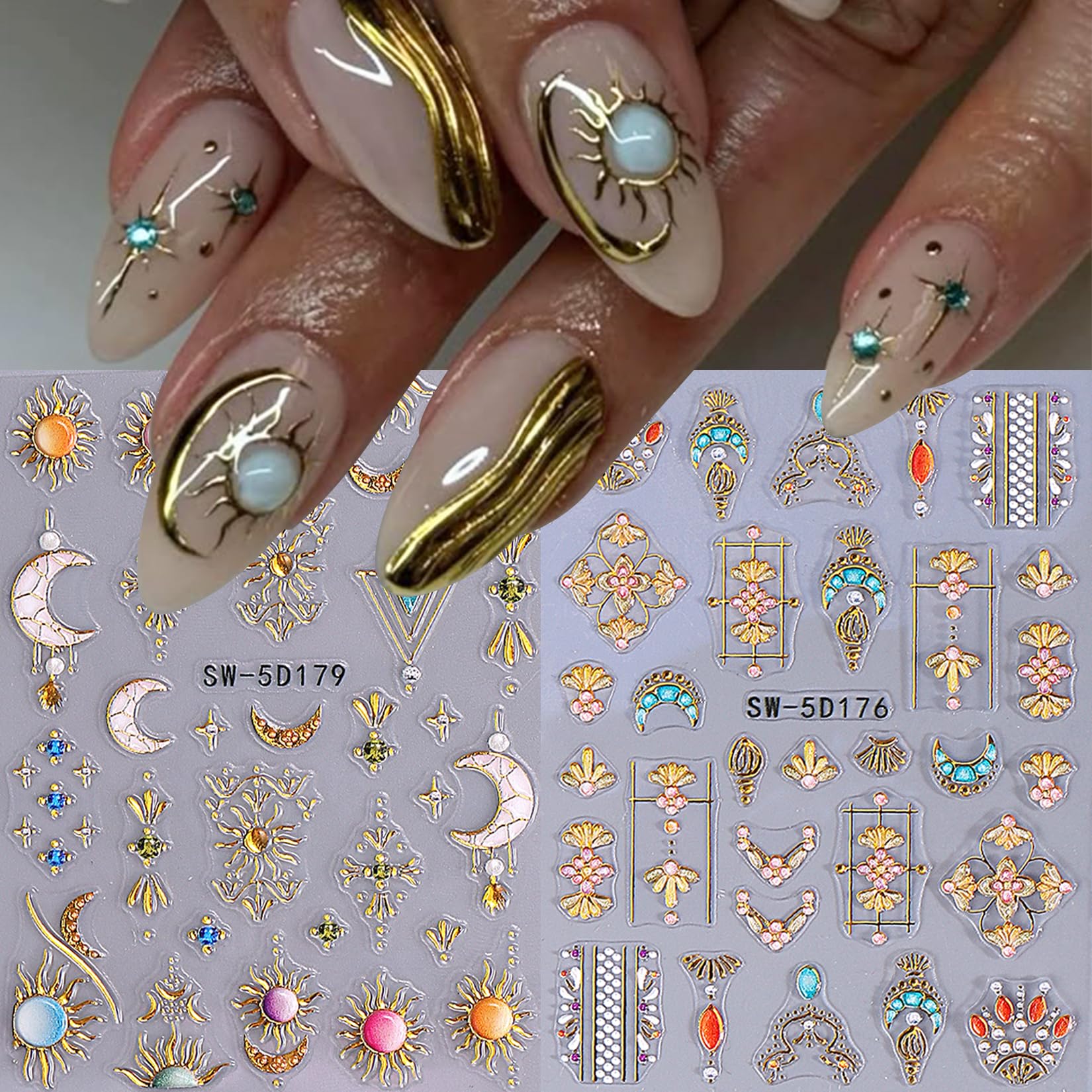 STZPRONAIL applied on acrylic nails showcasing bohemian mixed designs