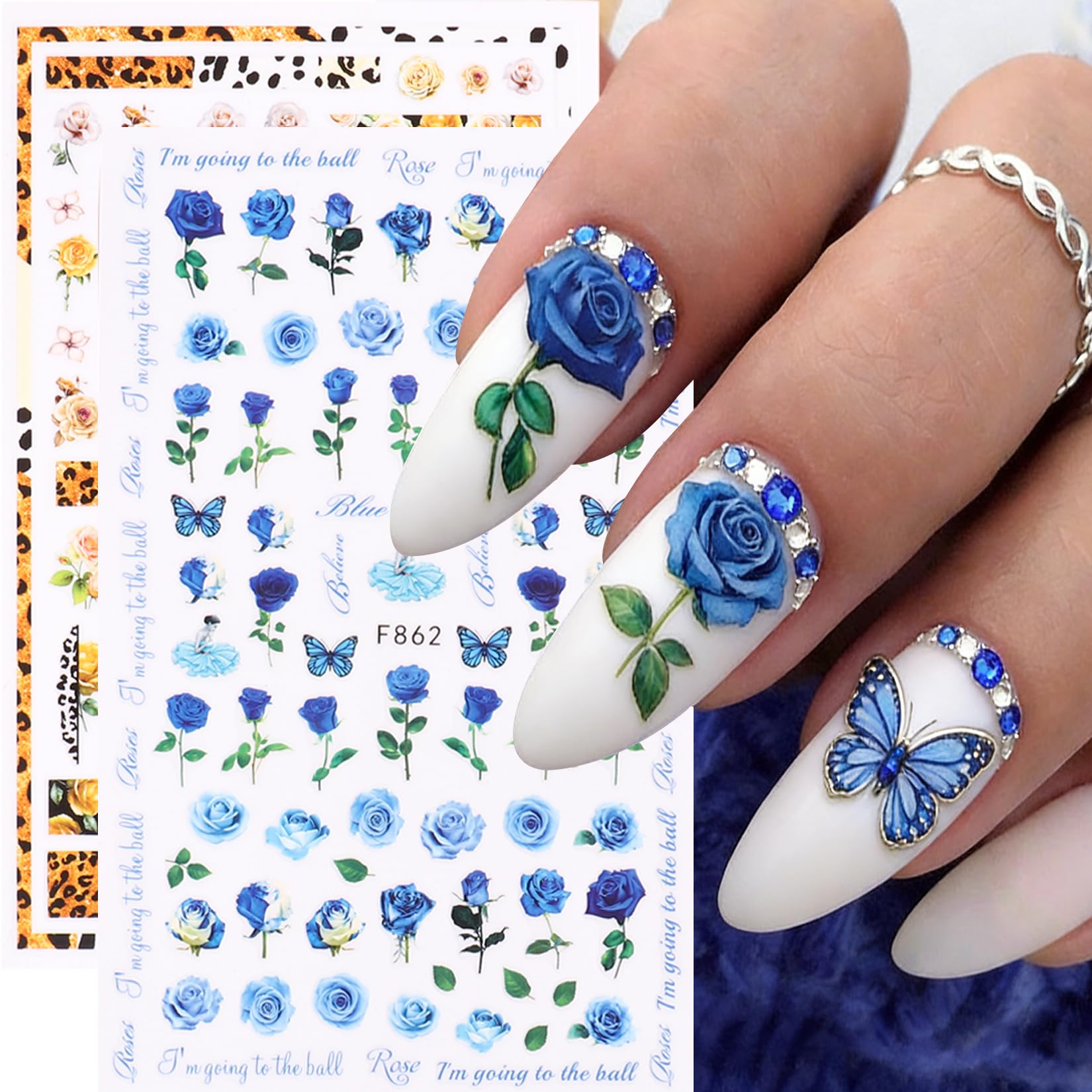 STZPRONAIL rose stickers adhered to an acrylic nail tip for salon use