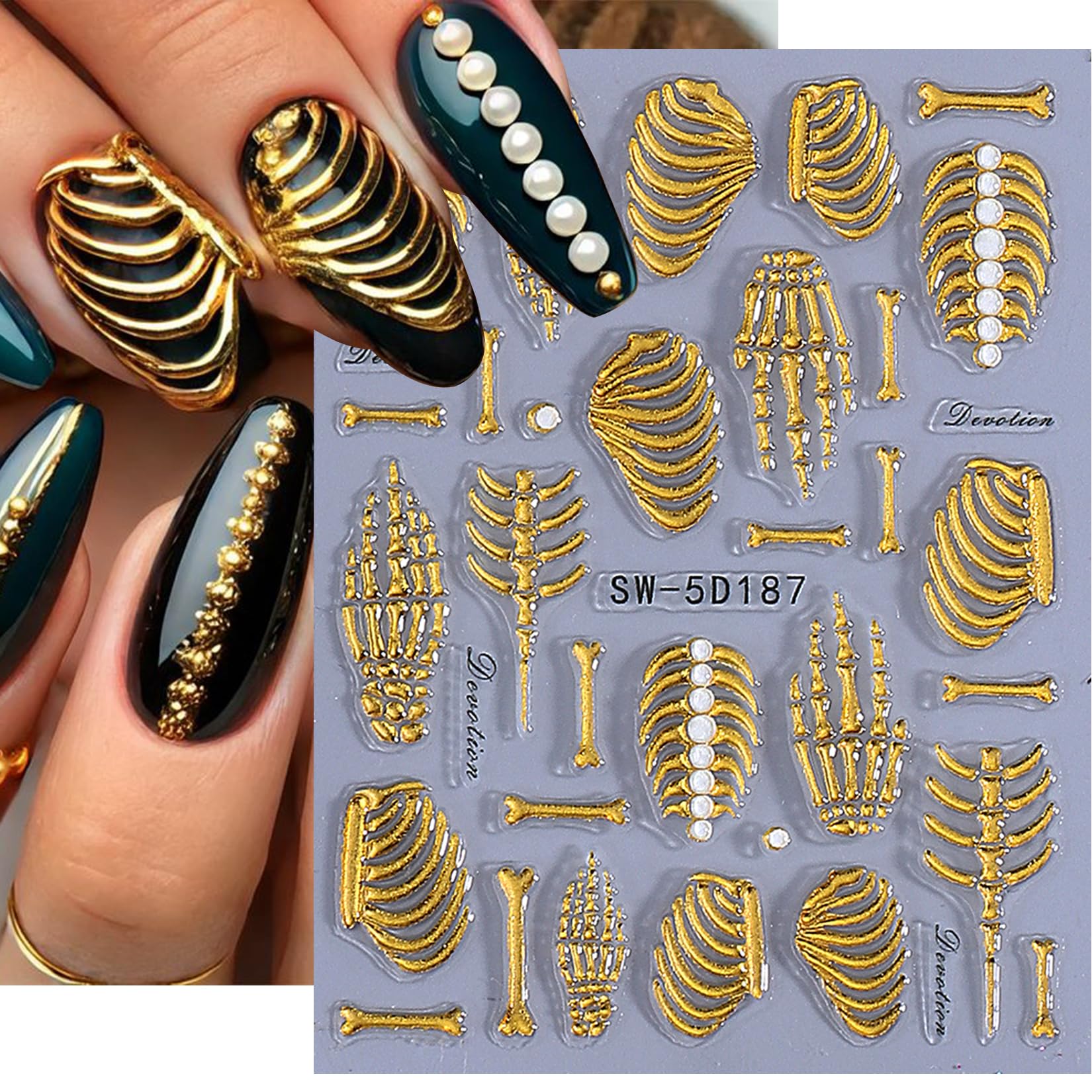 STZPRONAIL white skeleton sheet with raised bones for high-contrast gothic nail art