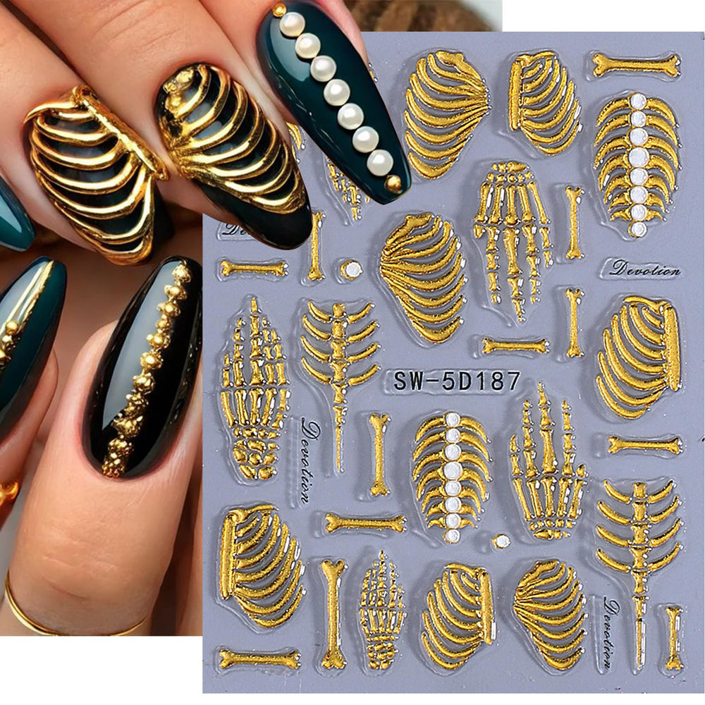 STZPRONAIL white skeleton sheet with raised bones for high-contrast gothic nail art