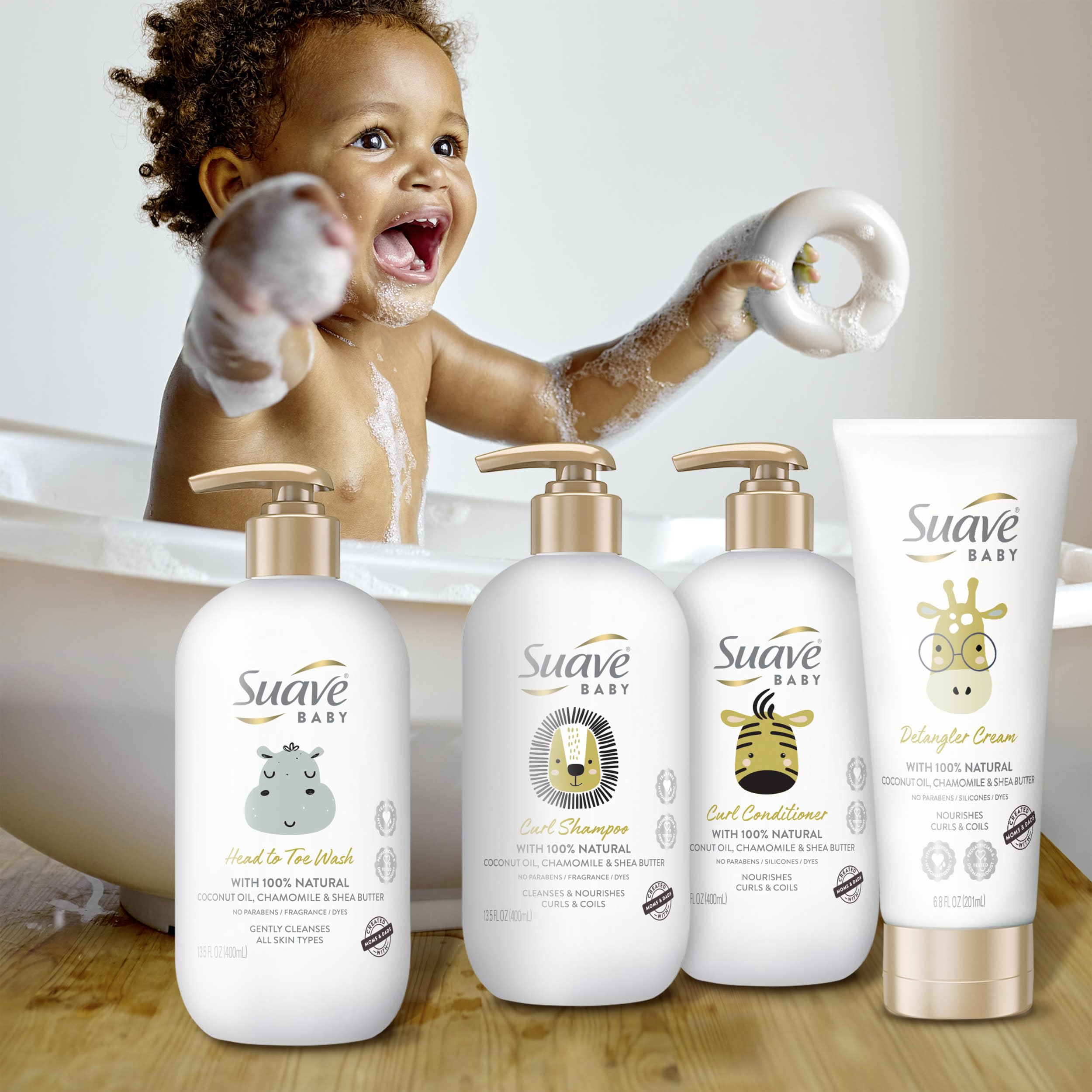 Suave baby ingredients label showing coconut oil chamomile shea benefit