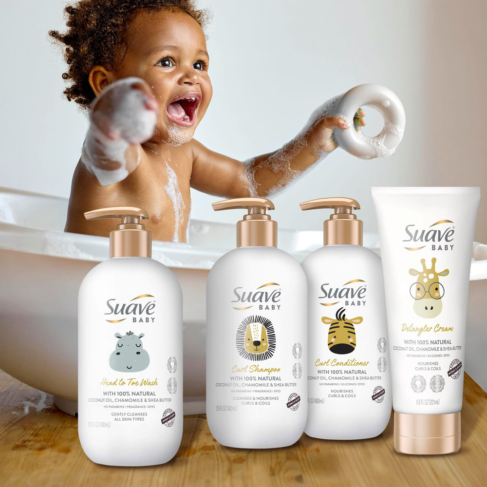 Suave baby ingredients label showing coconut oil chamomile shea benefit