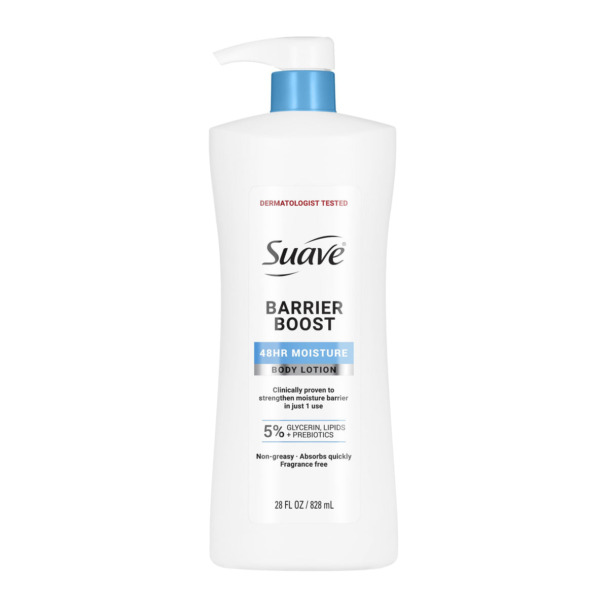 Suave bottle front view showing label and 28 fl oz size, promoting long‑lasting hydration