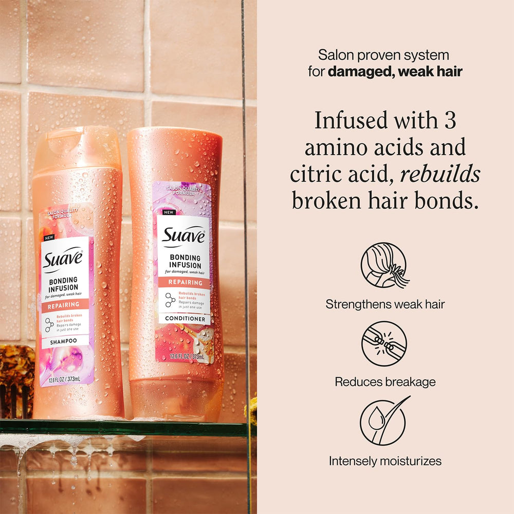 Suave close-up label highlighting bonding formula and product clarity