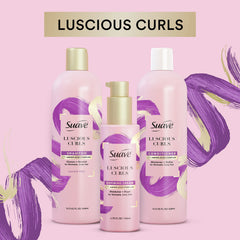 Suave bottle on bathroom shelf with other Luscious Curls products for routine pairing
