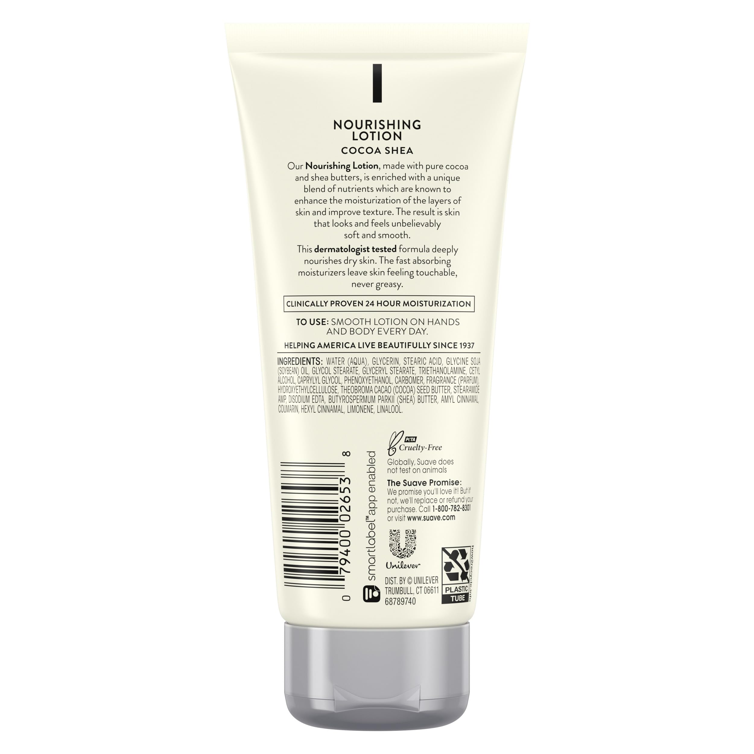 Suave cocoa butter shea bottle next to smartphone showing compact 3 oz travel-friendly benefit