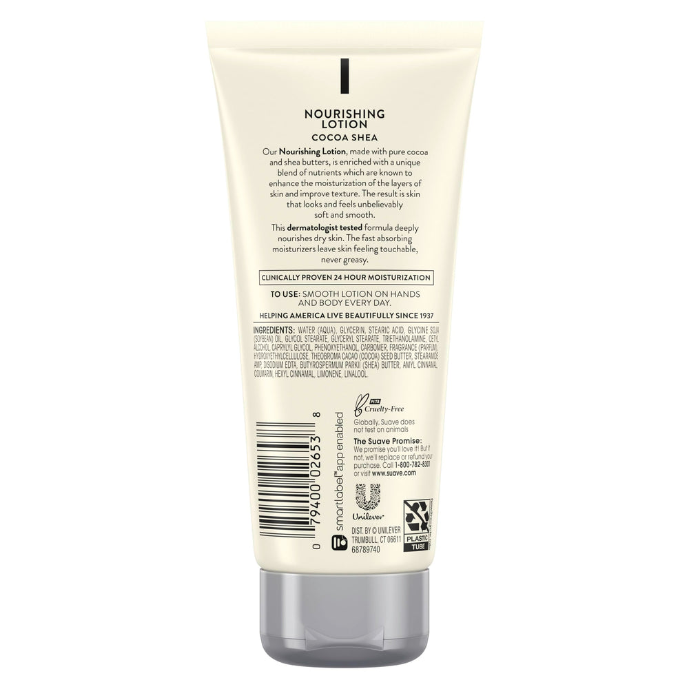 Suave cocoa butter shea bottle next to smartphone showing compact 3 oz travel-friendly benefit