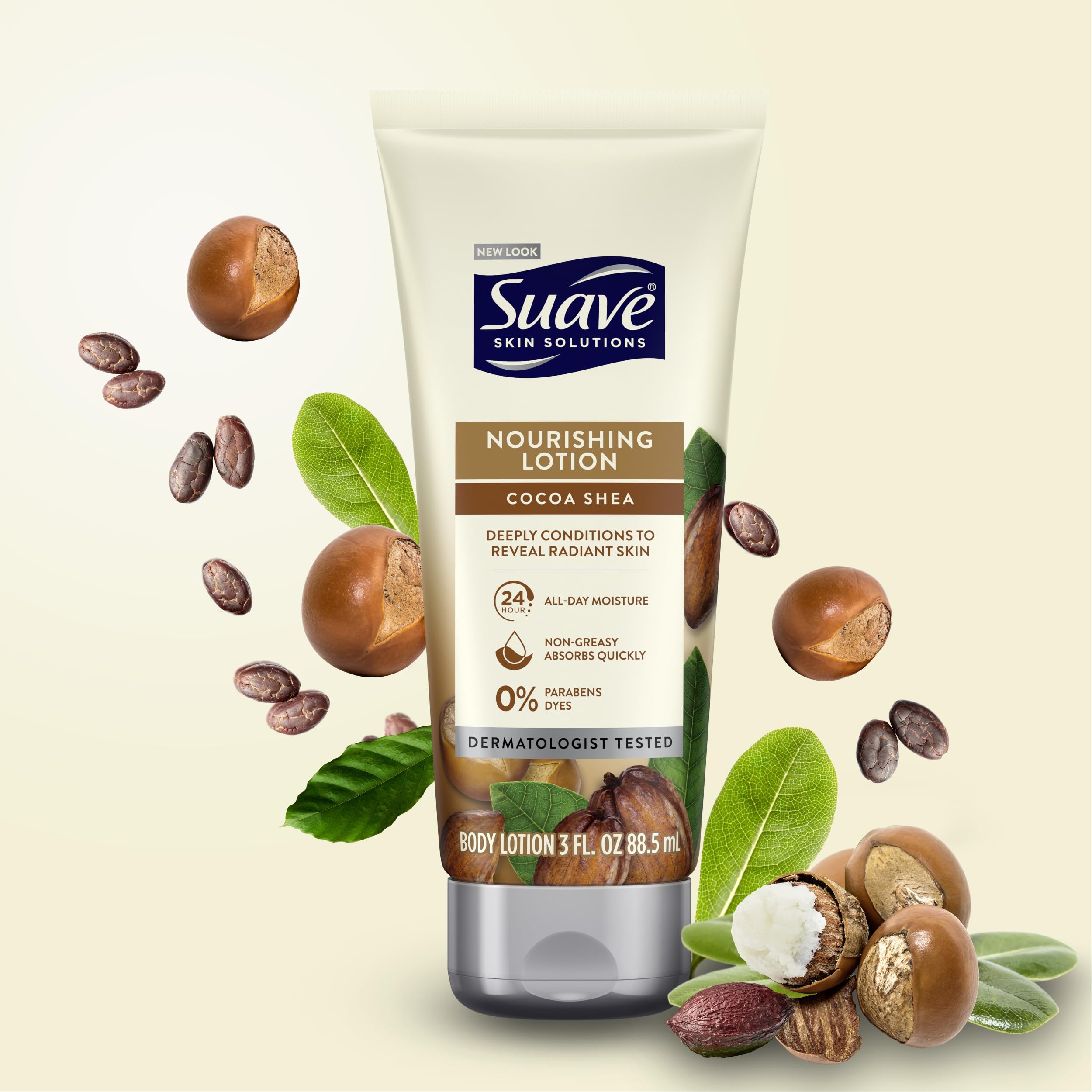 Suave cocoa butter shea creamy lotion texture swipe demonstrating absorbent, non-greasy feel