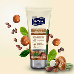 Suave cocoa butter shea creamy lotion texture swipe demonstrating absorbent, non-greasy feel