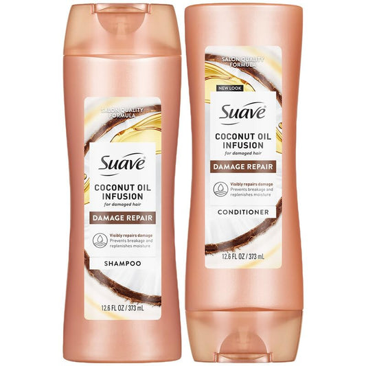 Suave front packaging showing coconut duo and repair benefits