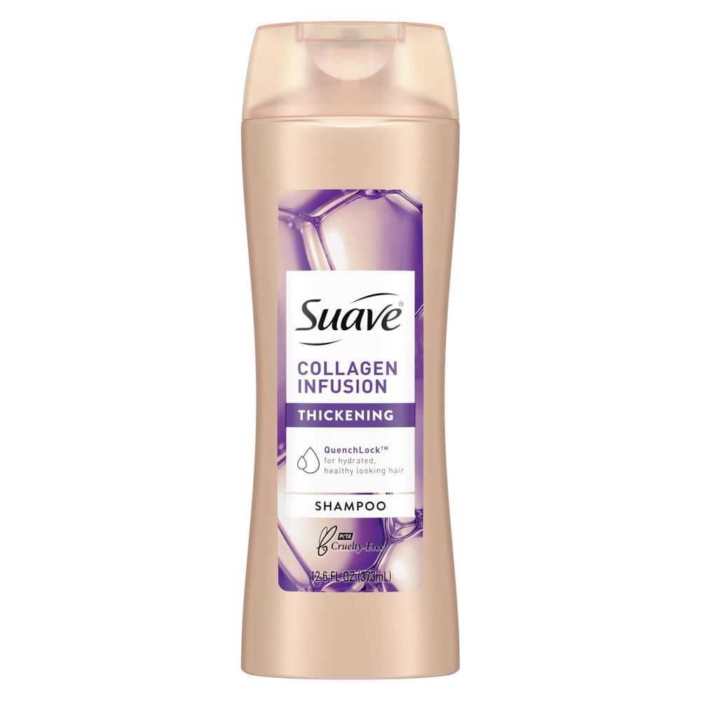 Suave bottle front packaging showing collagen shampoo and volumizing benefit