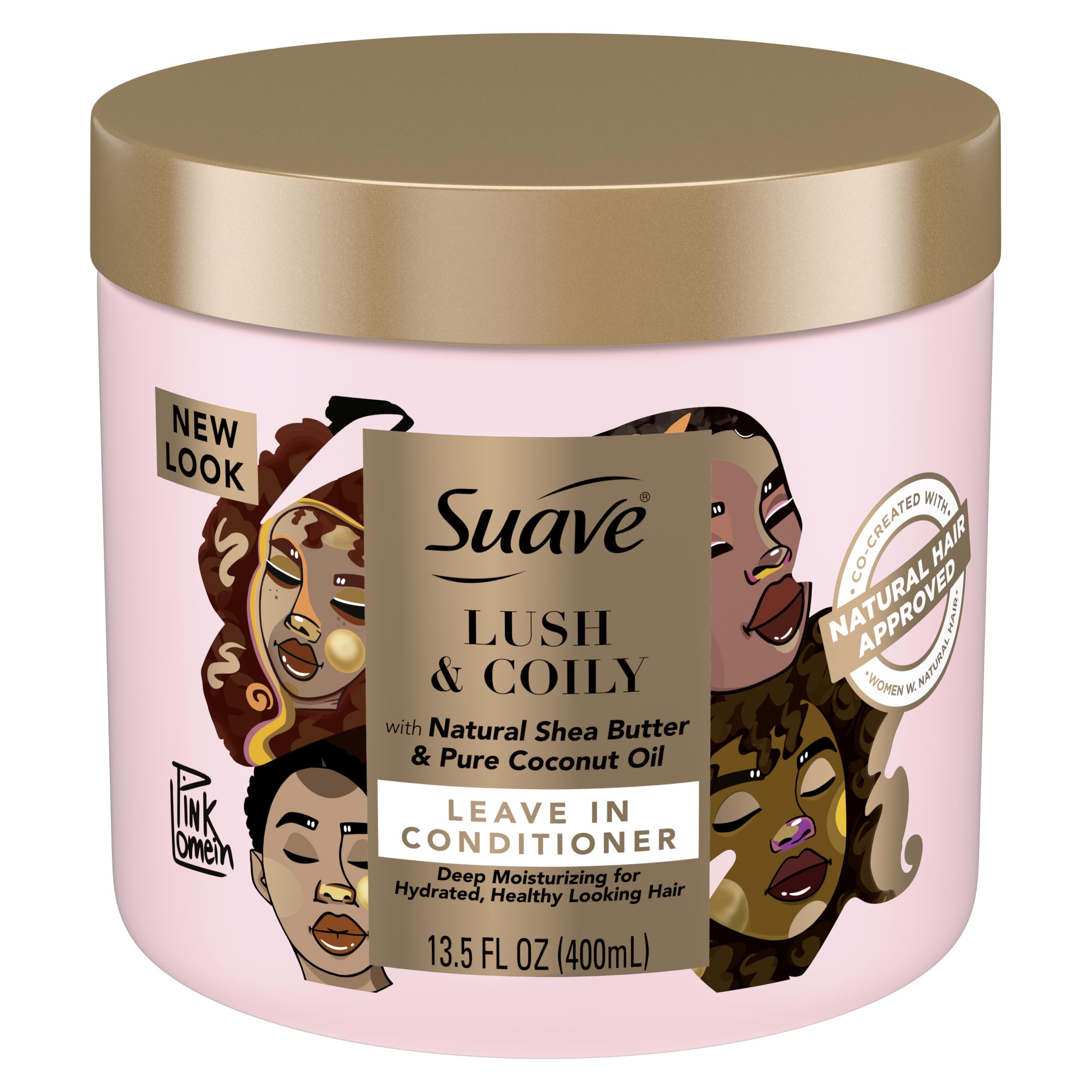 Suave front bottle showing Pink Lush & Coily label and easy application benefit