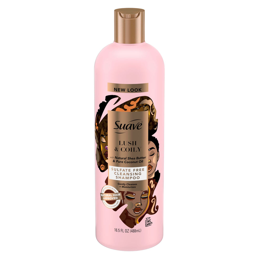 Suave bottle front view showing shea and coconut benefits and vibrant label