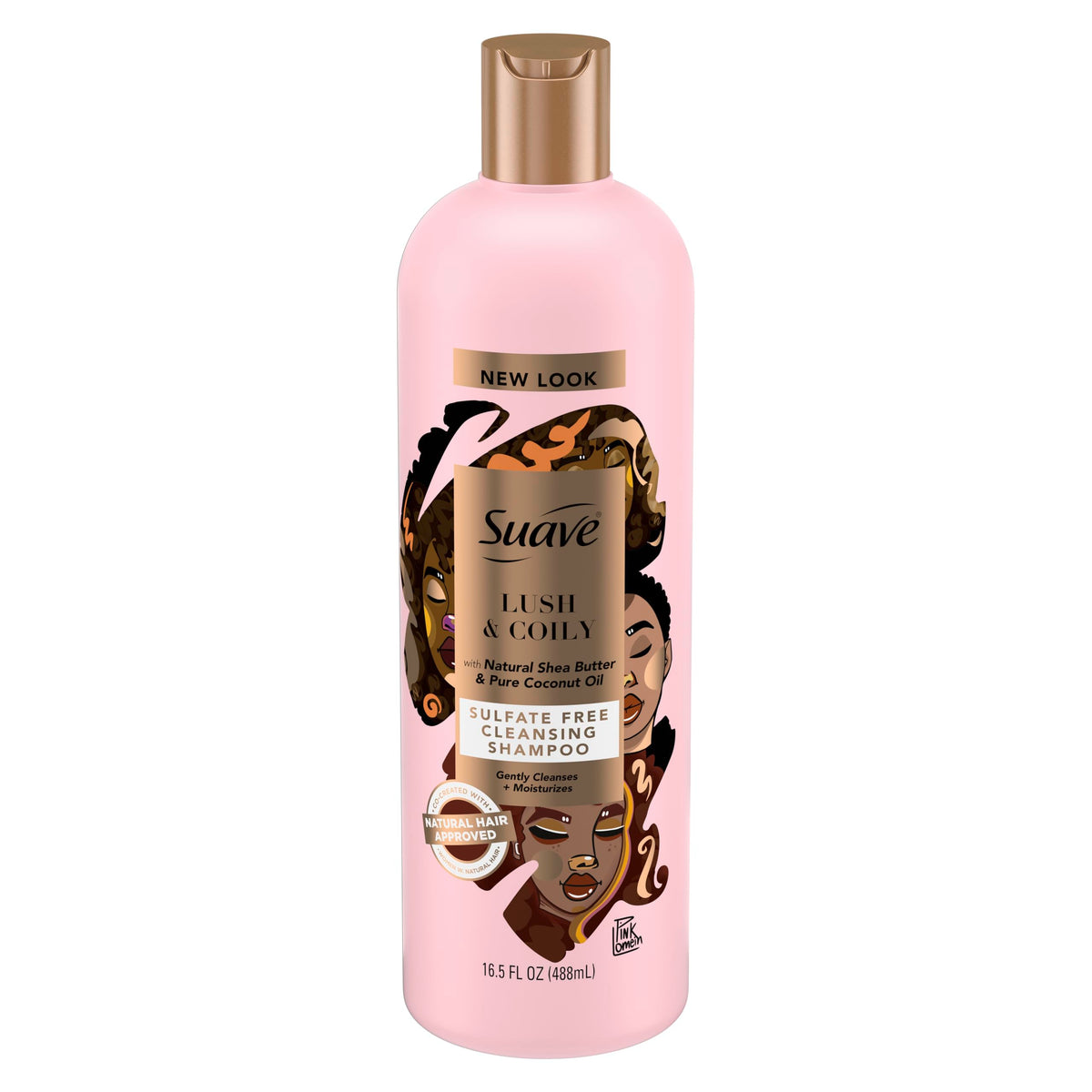 Suave bottle front view showing shea and coconut benefits and vibrant label