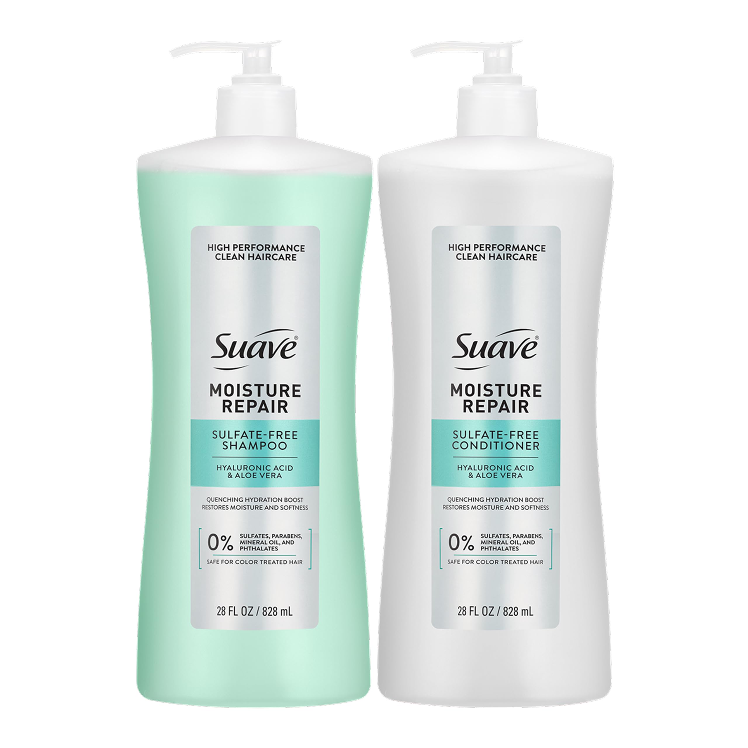 Suave front packaging of 28 fl oz shampoo and conditioner showing value size and brand