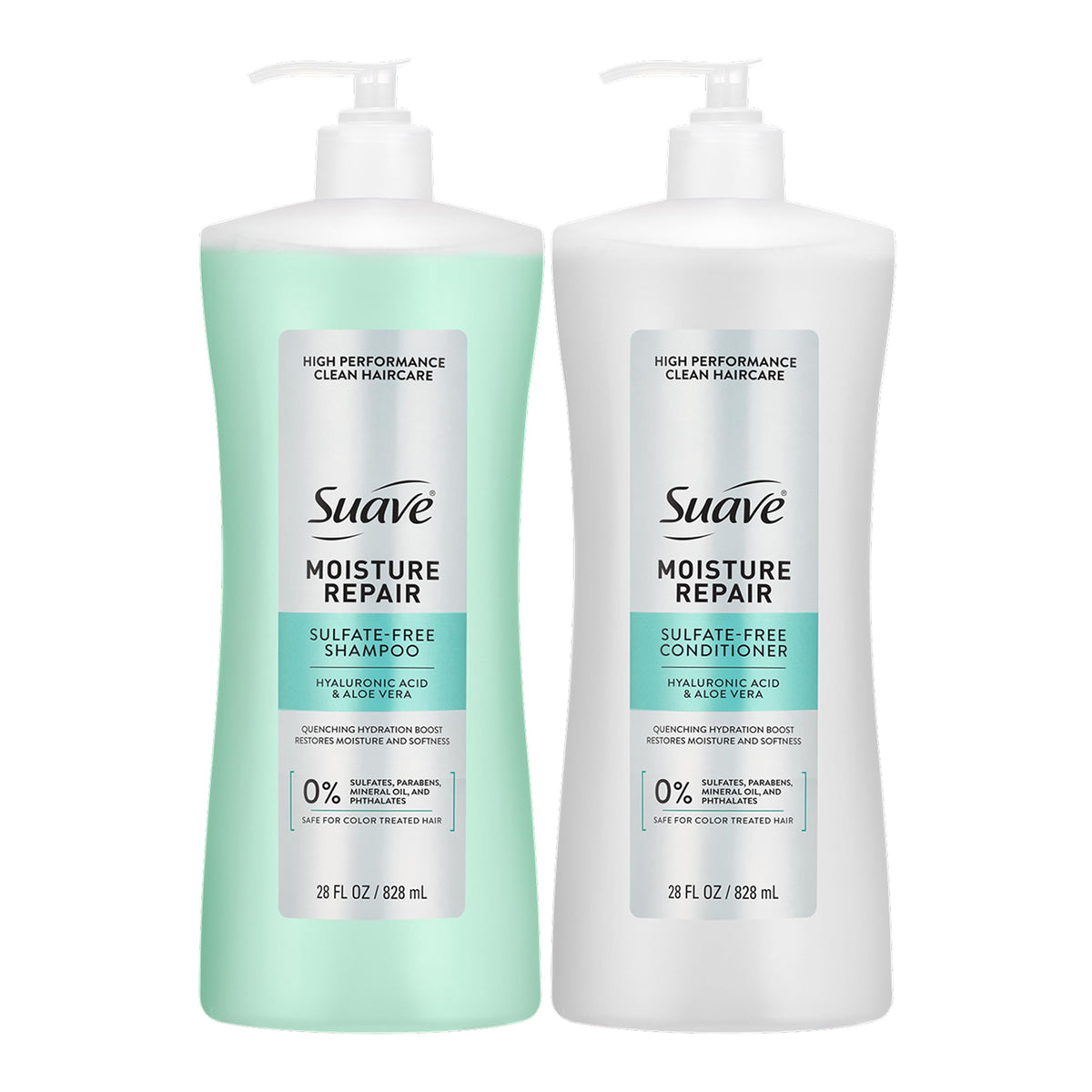 Suave front packaging of 28 fl oz shampoo and conditioner showing value size and brand