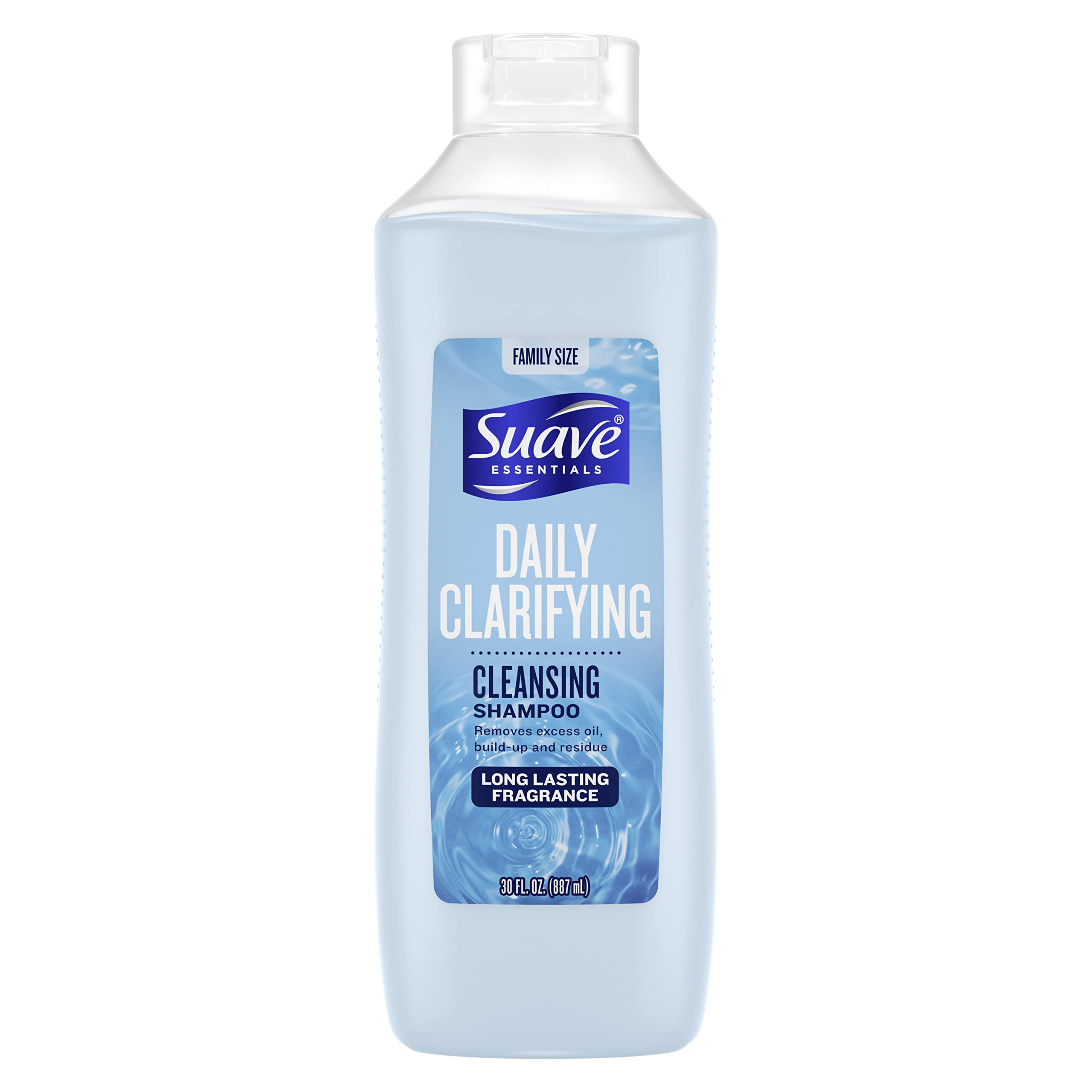 Suave bottle front packaging showing 30 oz and clarifying benefits