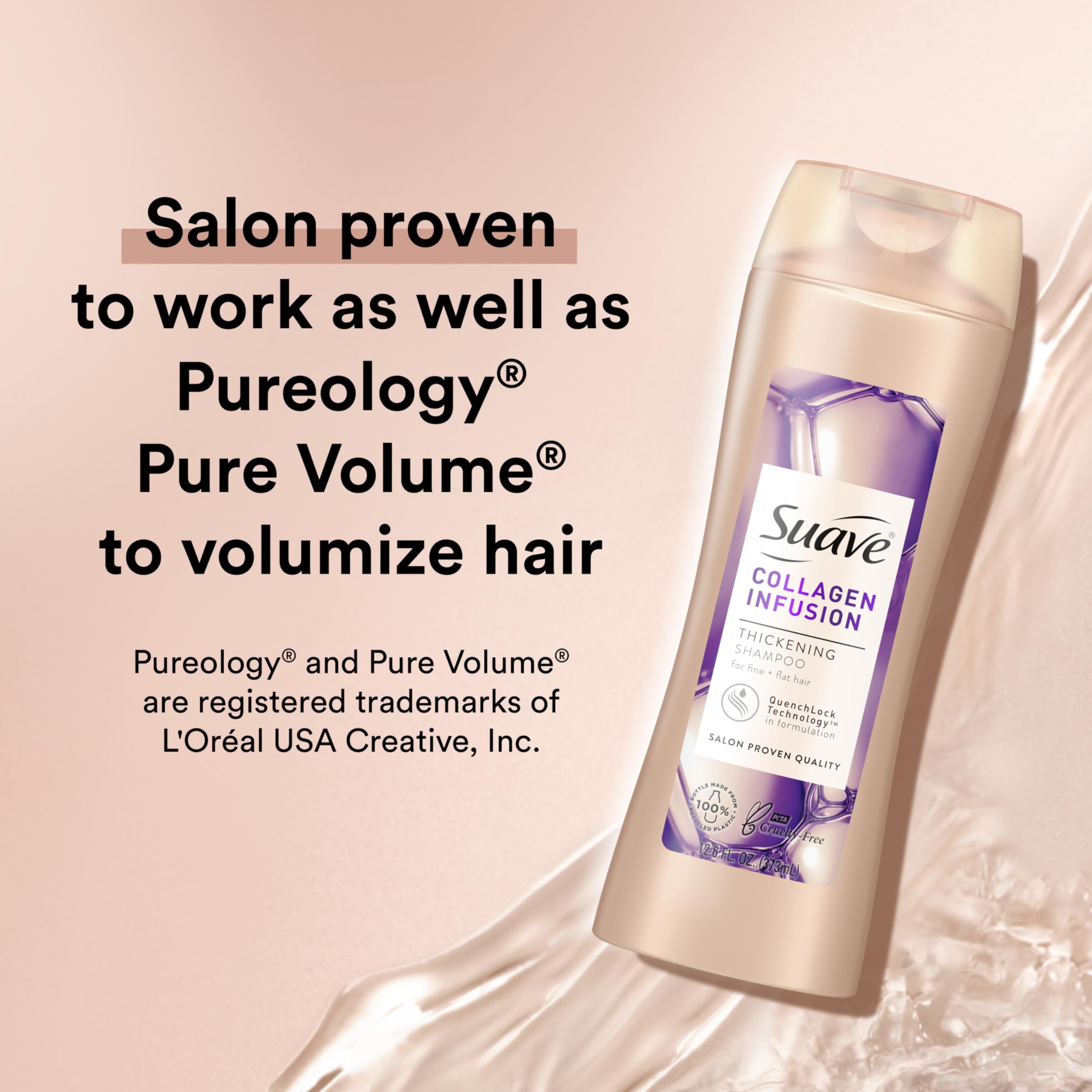 Person using Suave shampoo in shower for fuller, cleaner-feeling hair