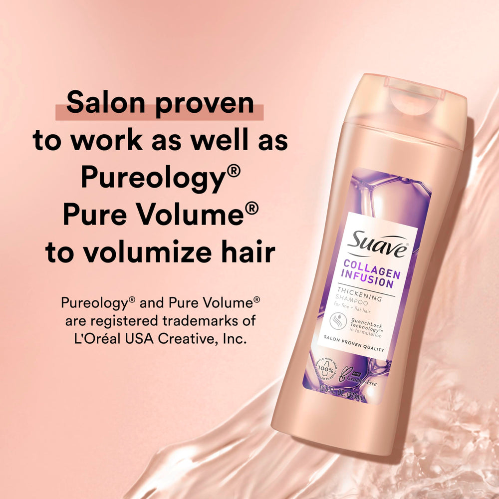 Person using Suave shampoo in shower for fuller, cleaner-feeling hair