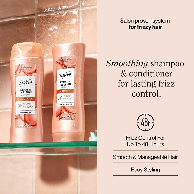 Suave keratin close-up label highlighting smoothing and anti-frizz benefits