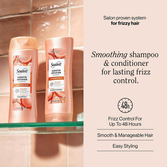 Suave keratin close-up label highlighting smoothing and anti-frizz benefits