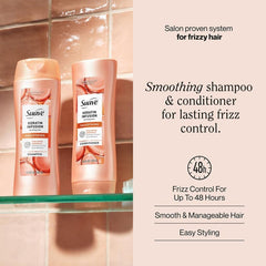 Suave keratin close-up label highlighting smoothing and anti-frizz benefits