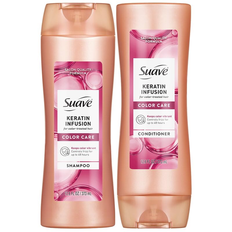 Suave bottle front packaging showing product and color care benefits